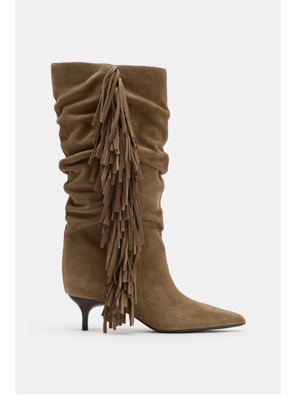 ZARA FRINGED SUEDE BOOTS TAUPE BROWN TAN 39 8 NWT KITTEN HEEL POINTED TOE